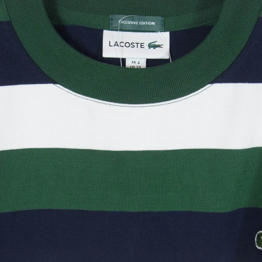 LACOSTE ラコステ BEAMS ビームス TH734LJ-99 × BEAMS ビームス 別注 ロゴ ボーダー クルーネック 半袖 Tシャツ 緑紺白 2【新古品】【未使用】【中古】