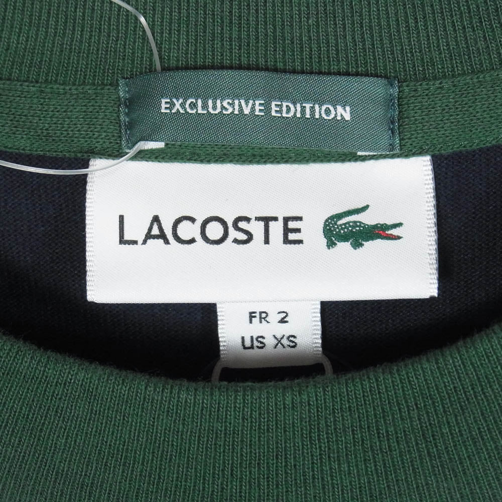 LACOSTE ラコステ BEAMS ビームス TH734LJ-99 × BEAMS ビームス 別注 ロゴ ボーダー クルーネック 半袖 Tシャツ 緑紺白 2【新古品】【未使用】【中古】