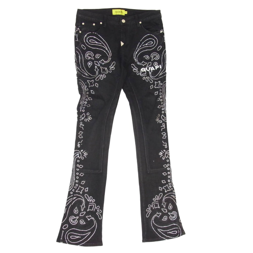 グアピ PAISLEY BLACK DENIM ペイズリー ラインストーン フレア ブラック デニム パンツ ブラック系 34【中古】