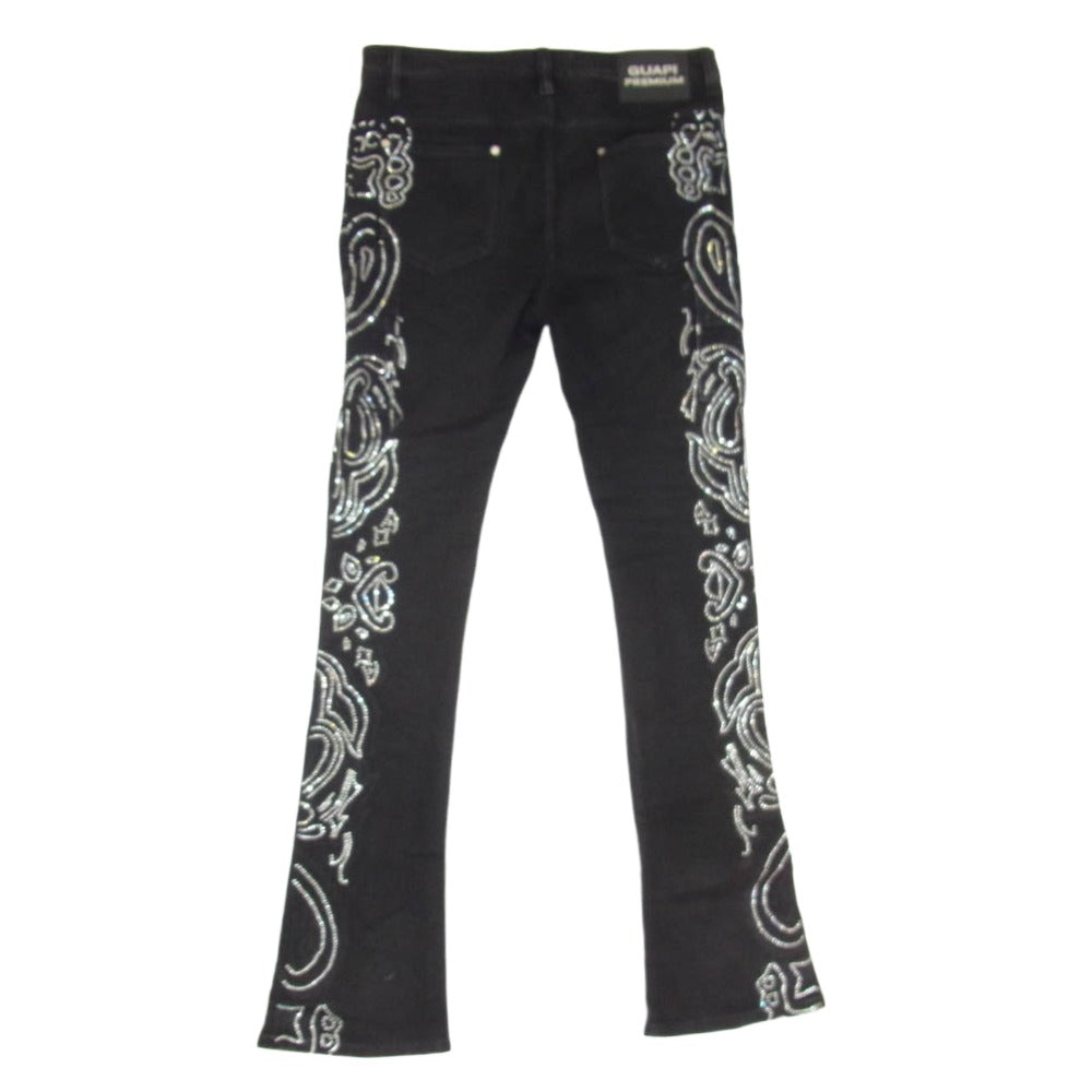 グアピ PAISLEY BLACK DENIM ペイズリー ラインストーン フレア ブラック デニム パンツ ブラック系 34【中古】