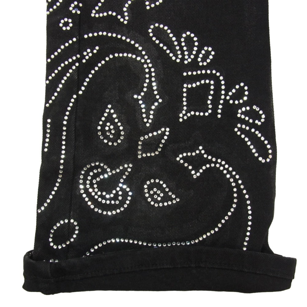 グアピ PAISLEY BLACK DENIM ペイズリー ラインストーン フレア ブラック デニム パンツ ブラック系 34【中古】