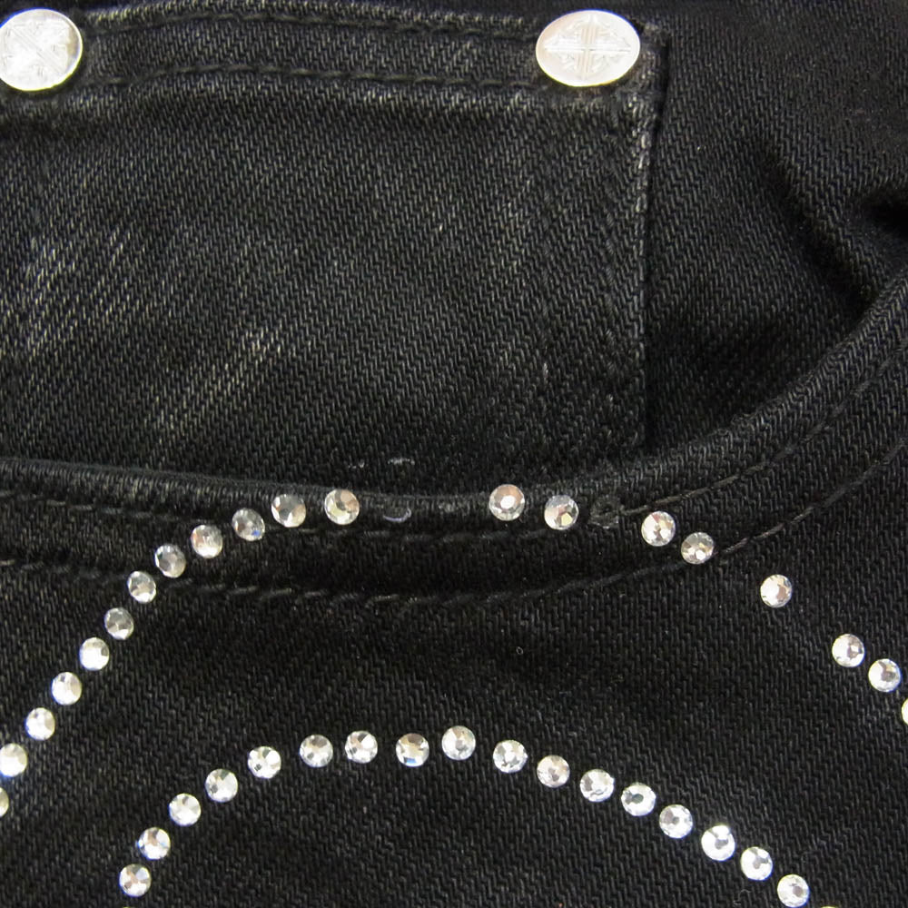 グアピ PAISLEY BLACK DENIM ペイズリー ラインストーン フレア ブラック デニム パンツ ブラック系 34【中古】