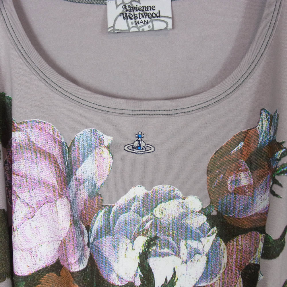 Vivienne WestwoodMAN ヴィヴィアンウエストウッドマン VW-LP-72407 NEWフラワー オーブ刺繍 切替 クルーネック 半袖 Ｔシャツ グレー系 F【中古】