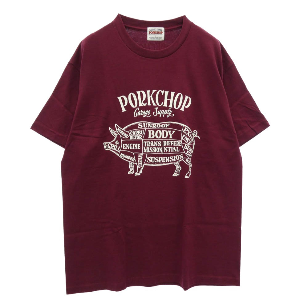 PORKCHOP ポークチョップ 25SS PORK FRONT TEE 25 ポーク フロント プリント 半袖 Tシャツ エンジ系 L【極上美品】【中古】