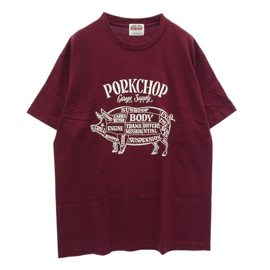 PORKCHOP ポークチョップ 25SS PORK FRONT TEE 25 ポーク フロント プリント 半袖 Tシャツ エンジ系 L【極上美品】【中古】