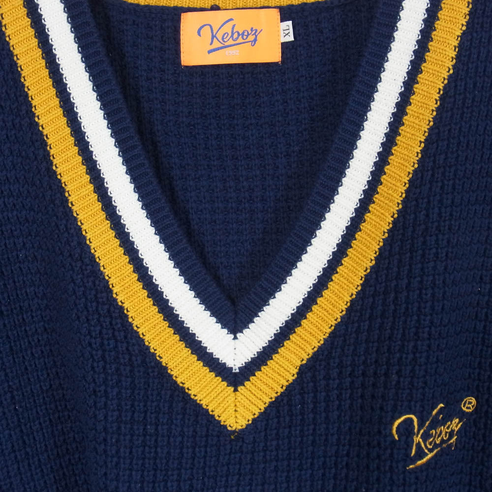 ケボズ Vネック ローゲージ サマーニット ベスト ワンポイント 刺繍 ネイビー系 XL【中古】