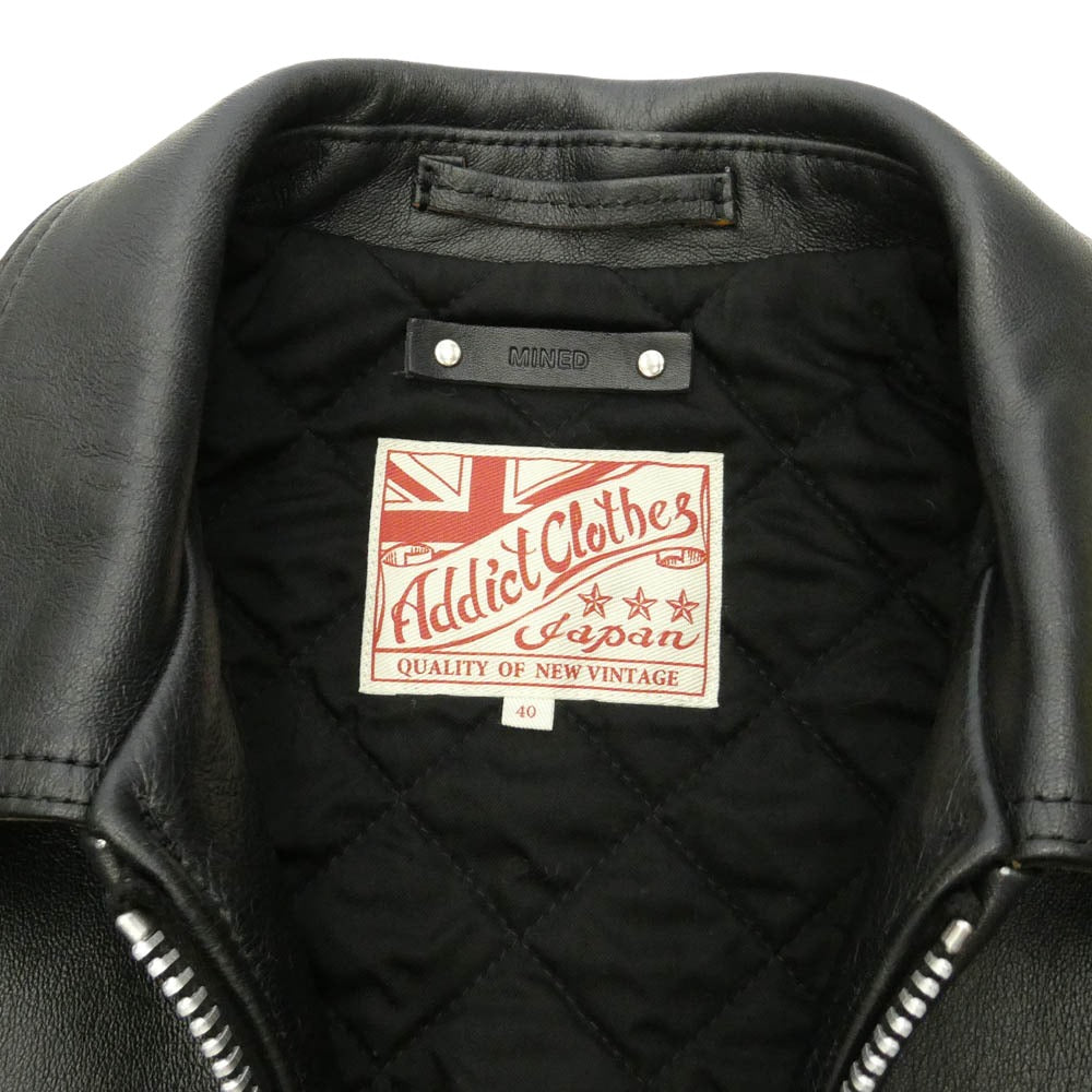 ADDICT CLOTHES アディクトクローズ MINEDENIM マインデニム × MINEDENIM Double Riders マインデニム レザー シングル ライダース ジャケット ブラック系 40【中古】