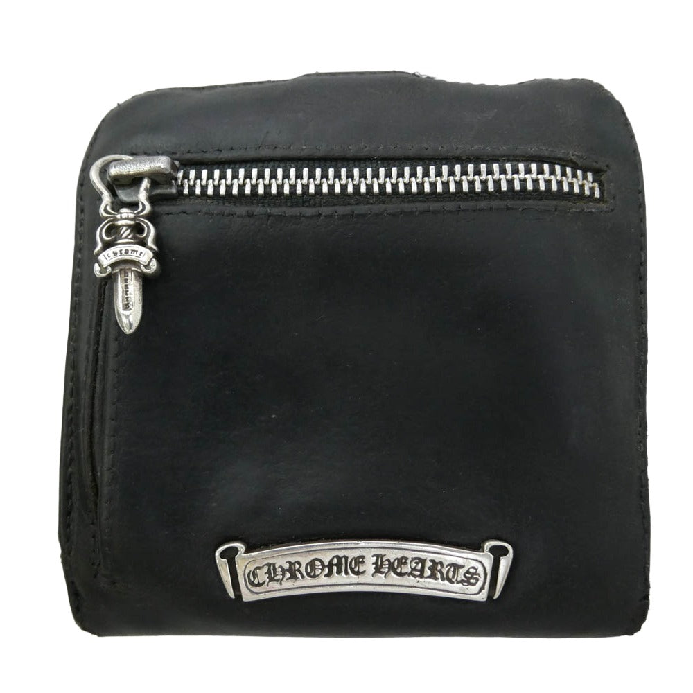 CHROME HEARTS クロムハーツ（原本無） SQ BTN BILL スクエア ボタン ビル フラップ ダガー クロスボタン レザー ウォレット 二つ折り財布 ブラック系【中古】