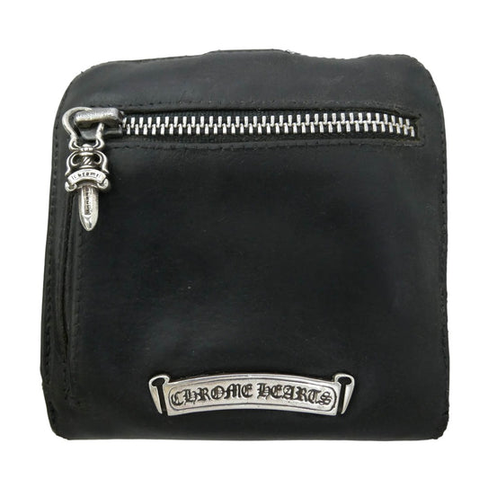 CHROME HEARTS クロムハーツ（原本無） SQ BTN BILL スクエア ボタン ビル フラップ ダガー クロスボタン レザー ウォレット 二つ折り財布 ブラック系【中古】