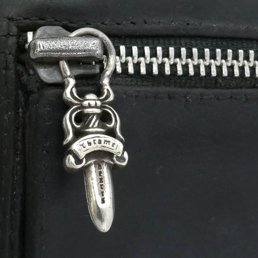 CHROME HEARTS クロムハーツ（原本無） SQ BTN BILL スクエア ボタン ビル フラップ ダガー クロスボタン レザー ウォレット 二つ折り財布 ブラック系【中古】