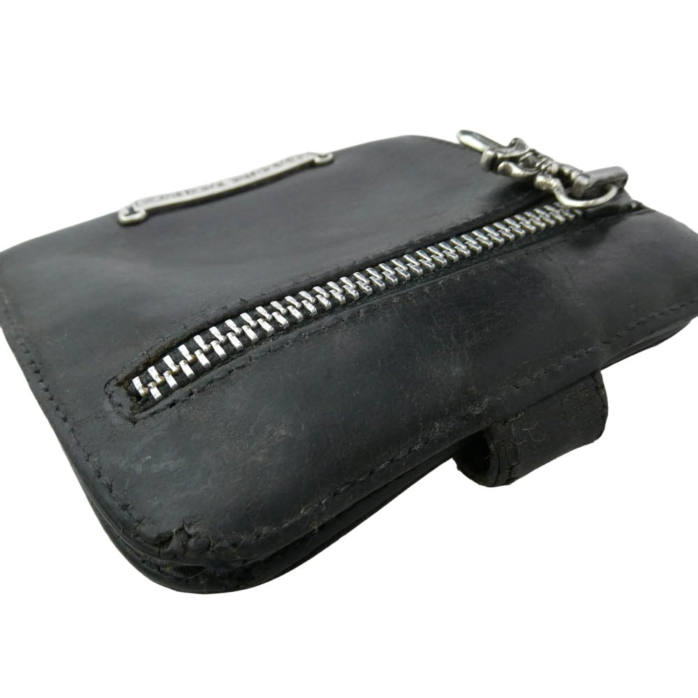 CHROME HEARTS クロムハーツ（原本無） SQ BTN BILL スクエア ボタン ビル フラップ ダガー クロスボタン レザー ウォレット 二つ折り財布 ブラック系【中古】