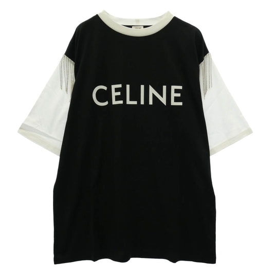 CELINE セリーヌ 22AW 2X29C671Q Fringe Oversized Logo Print T-Shirt フリンジ ビジュー オーバーサイズ ロゴ プリント Tシャツ ブラック系 XS【新古品】【未使用】【中古】
