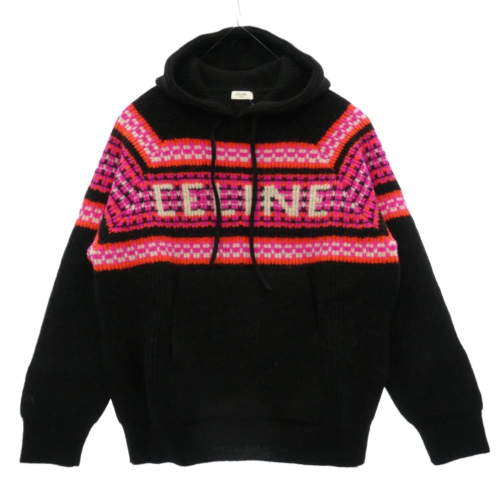 CELINE セリーヌ 22AW 2AC23579S Ski Jacquard Hooded Wool Knit Hoodie スキー ジャガード フーデッド ウール ニット ロゴ フーディー パーカー ブラック系 S【新古品】【未使用】【中古】