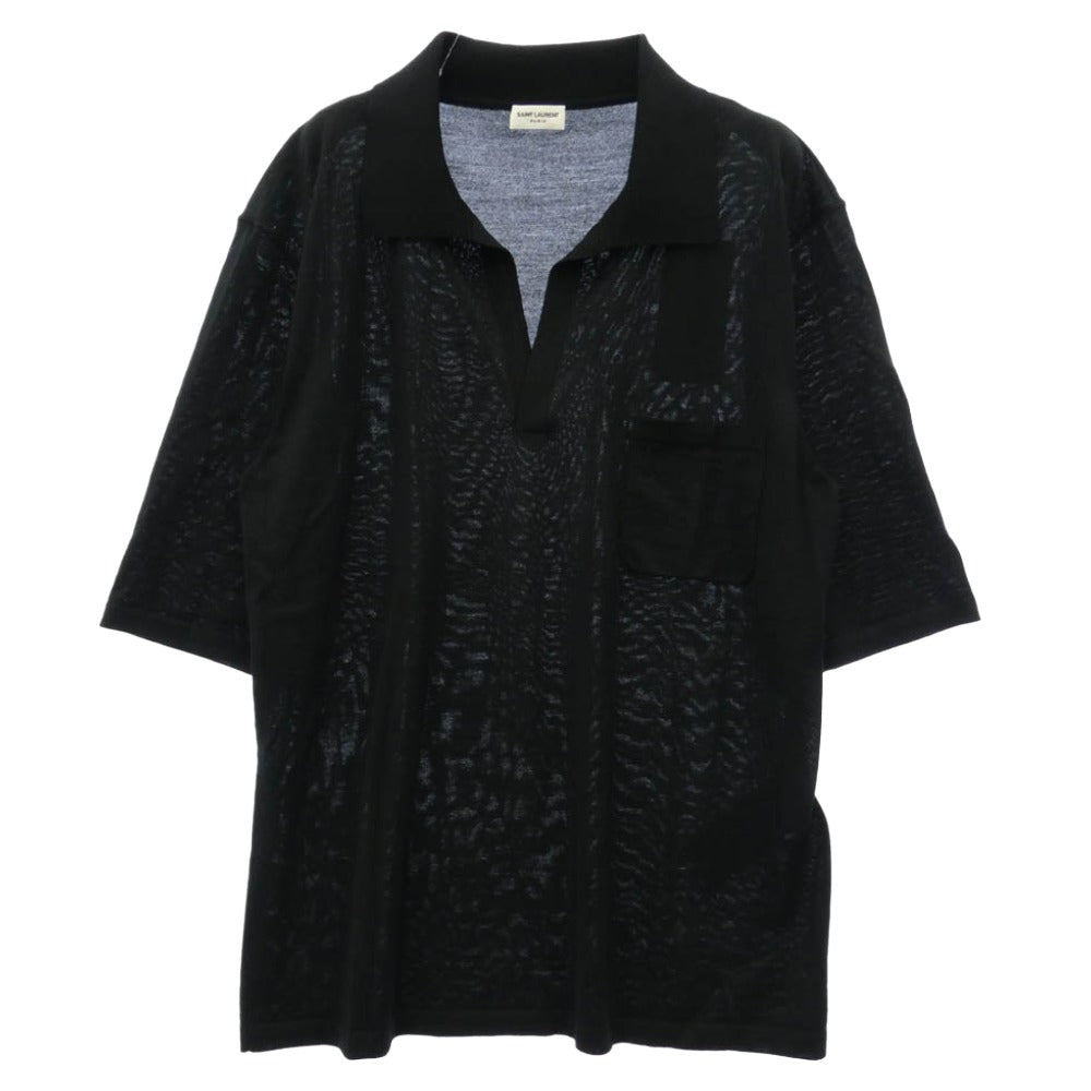 SAINT LAURENT サンローラン 778950 Y75YW Cassandre Wool Polo Shirt ロゴ刺繍 カサンドラ オープンカラー ウール ポロシャツ 半袖 ブラック系 M【新古品】【未使用】【中古】