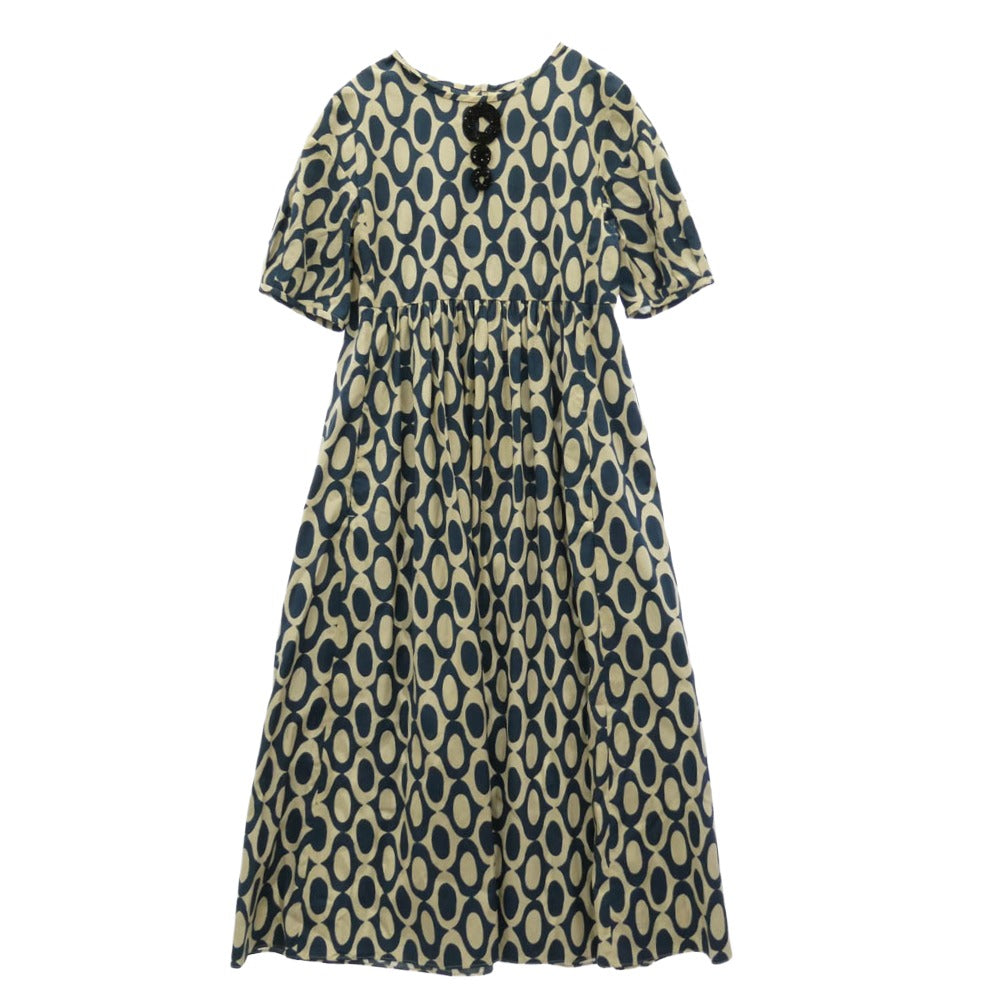 S Max Mara エスマックスマーラ 922606286 ビーズ装飾 総柄 フレア ワンピース オフホワイト系 ネイビー系 38【中古】