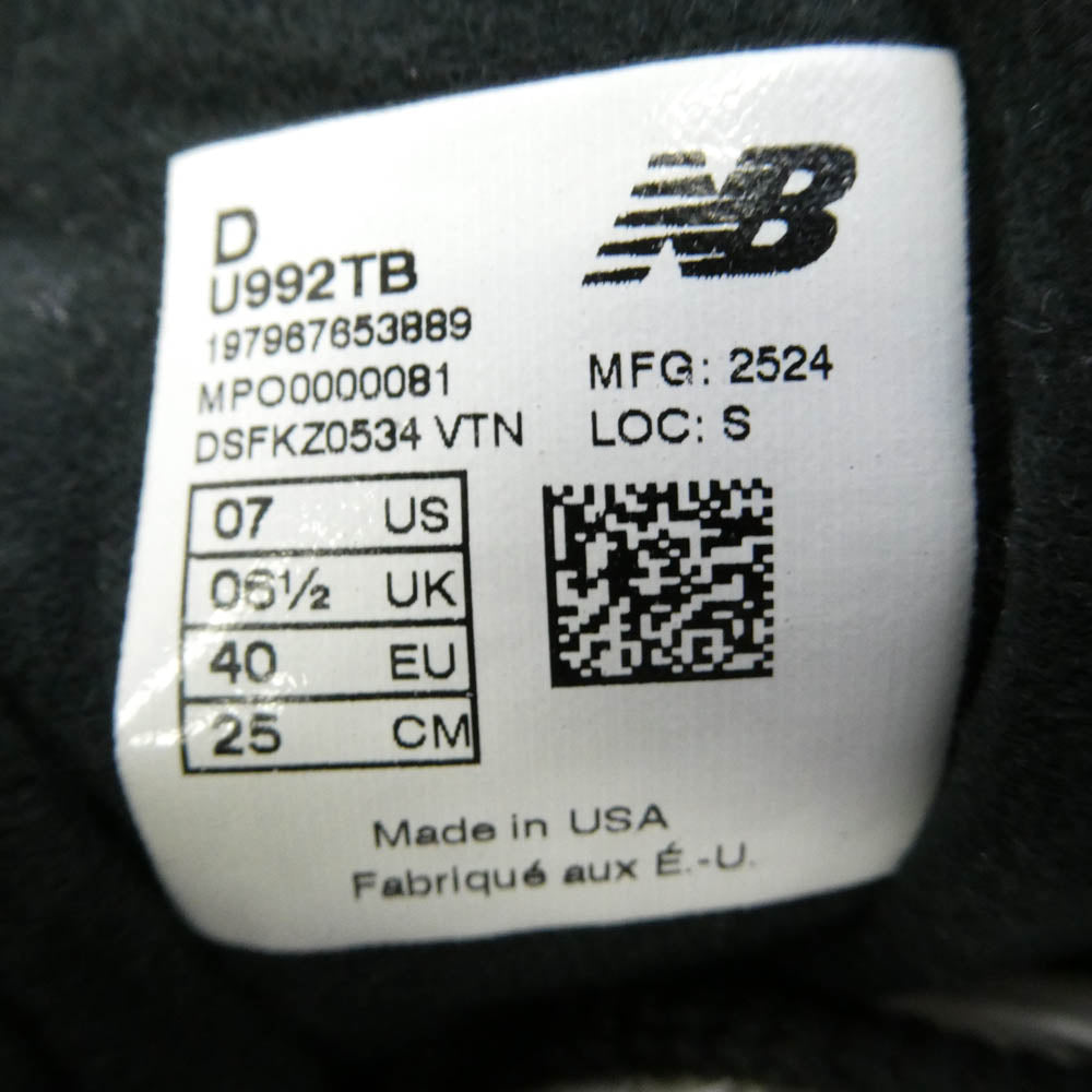 NEW BALANCE ニューバランス U992TB 992 Triple Black トリプルブラック ローカットスニーカー シューズ ブラック系 25cm【中古】