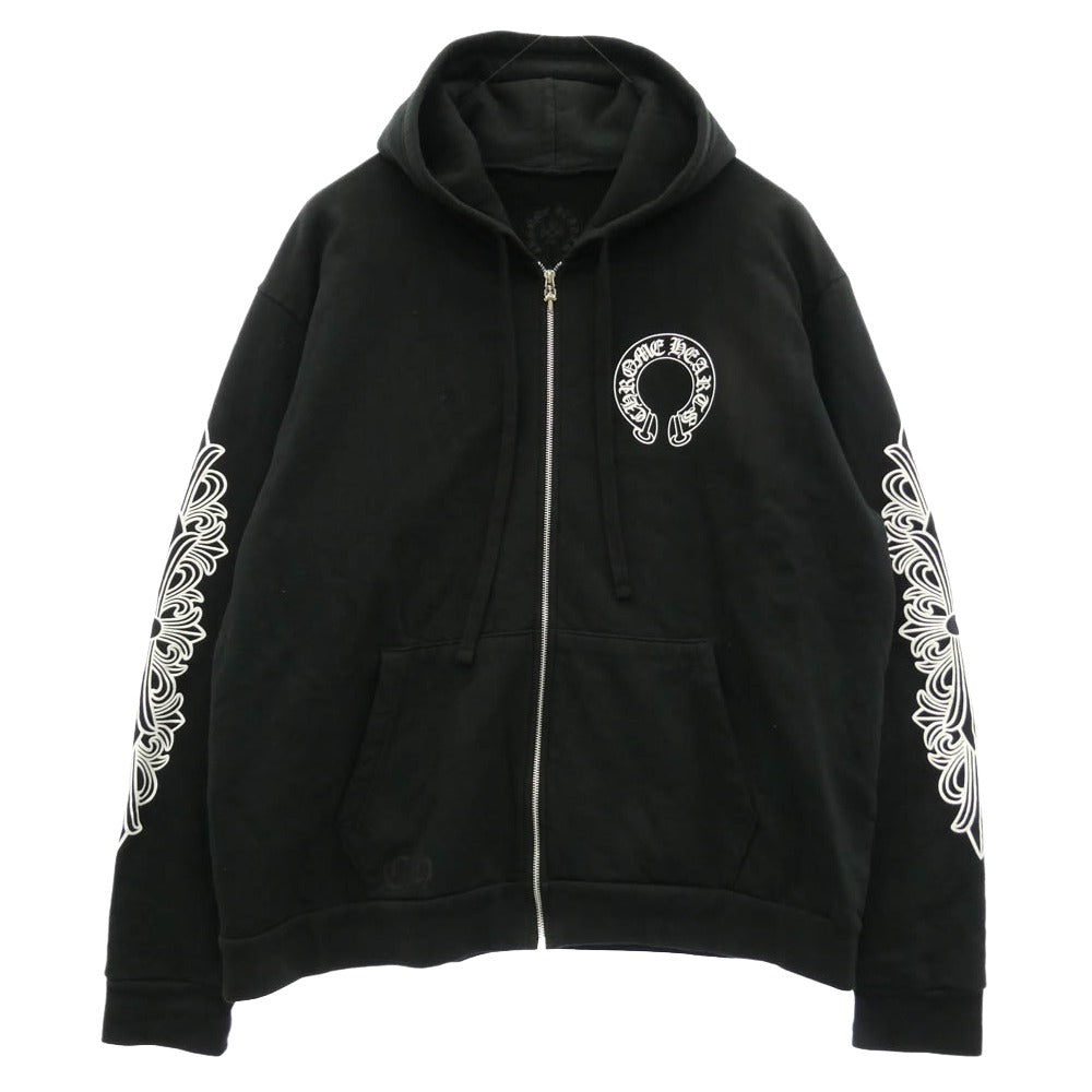 CHROME HEARTS クロムハーツ（原本無） SWTSHRT HD ZIP 袖フローラル バック ホースシュー プリント ジップ パーカー ブラック系 XL【中古】