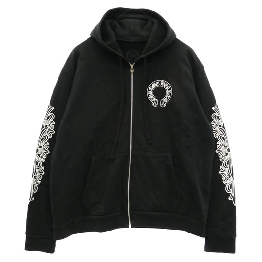 CHROME HEARTS クロムハーツ（原本無） SWTSHRT HD ZIP 袖フローラル バック ホースシュー プリント ジップ パーカー ブラック系 XL【中古】
