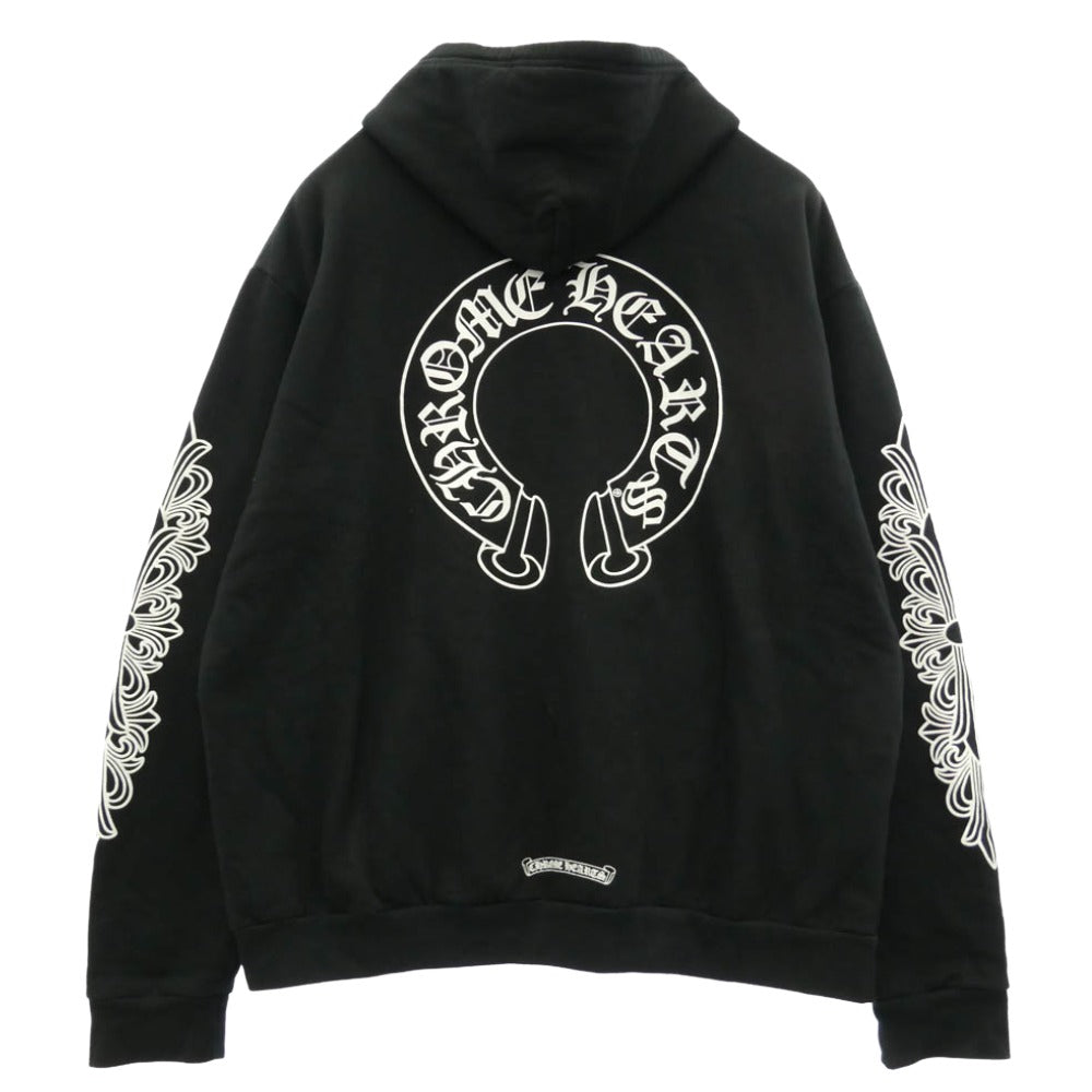 CHROME HEARTS クロムハーツ（原本無） SWTSHRT HD ZIP 袖フローラル バック ホースシュー プリント ジップ パーカー ブラック系 XL【中古】