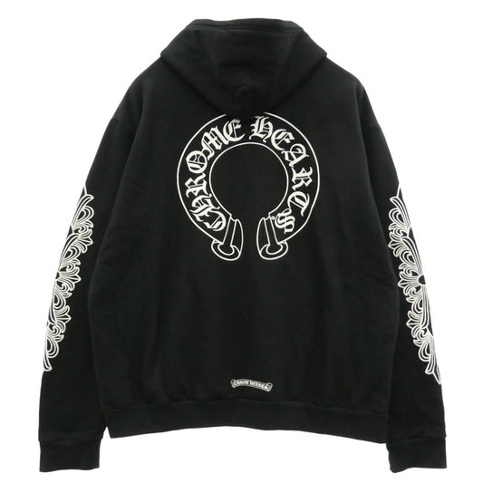 CHROME HEARTS クロムハーツ（原本無） SWTSHRT HD ZIP 袖フローラル バック ホースシュー プリント ジップ パーカー ブラック系 XL【中古】