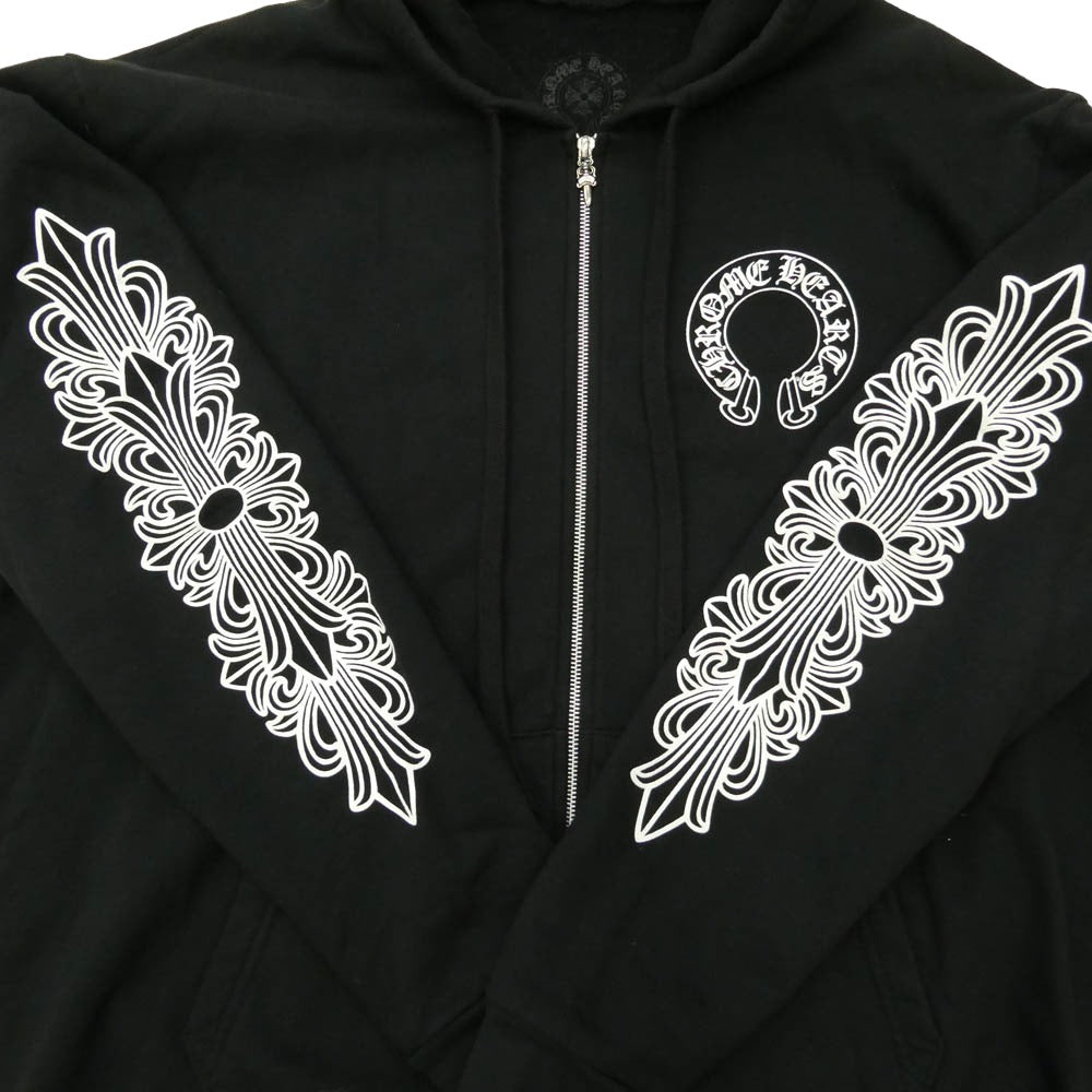 CHROME HEARTS クロムハーツ（原本無） SWTSHRT HD ZIP 袖フローラル バック ホースシュー プリント ジップ パーカー ブラック系 XL【中古】