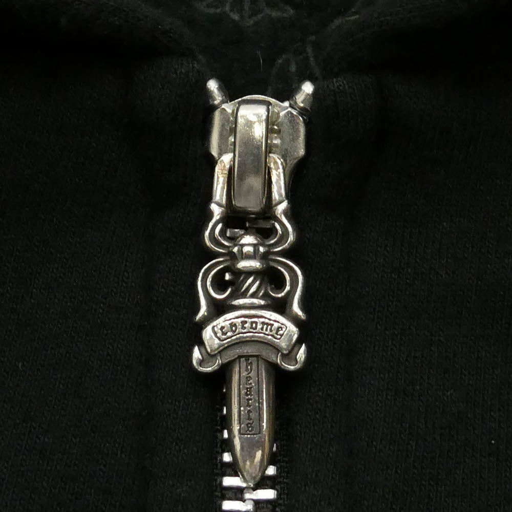 CHROME HEARTS クロムハーツ（原本無） SWTSHRT HD ZIP 袖フローラル バック ホースシュー プリント ジップ パーカー ブラック系 XL【中古】