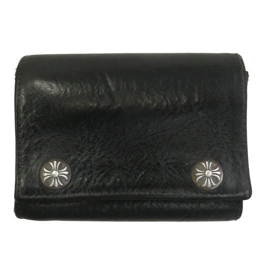 CHROME HEARTS クロムハーツ（原本無） 3FOLD 3フォールド クロスパッチ付き クロスボタン レザー ウォレット 財布 ブラック系【中古】