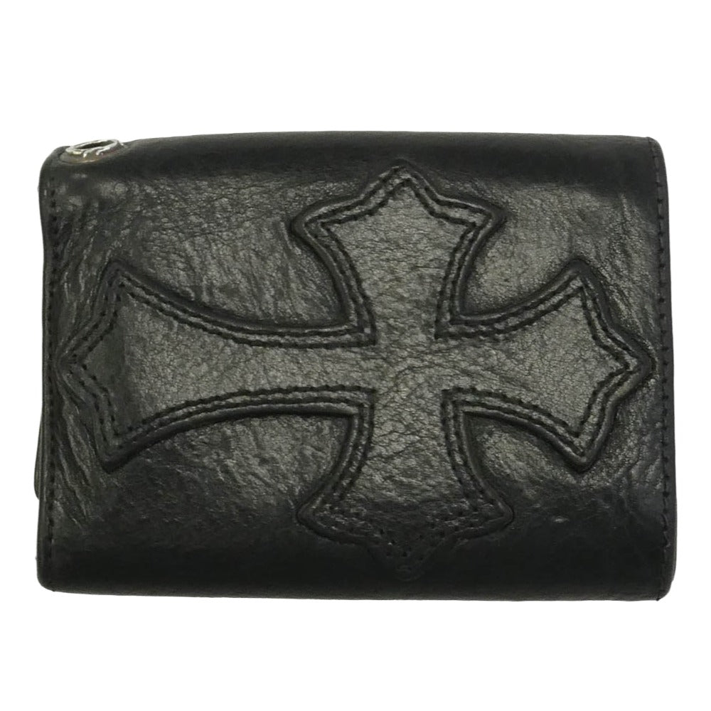 CHROME HEARTS クロムハーツ（原本無） 3FOLD 3フォールド クロスパッチ付き クロスボタン レザー ウォレット 財布 ブラック系【中古】