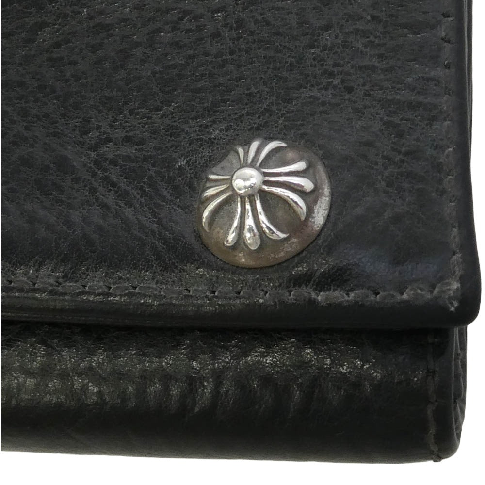 CHROME HEARTS クロムハーツ（原本無） 3FOLD 3フォールド クロスパッチ付き クロスボタン レザー ウォレット 財布 ブラック系【中古】