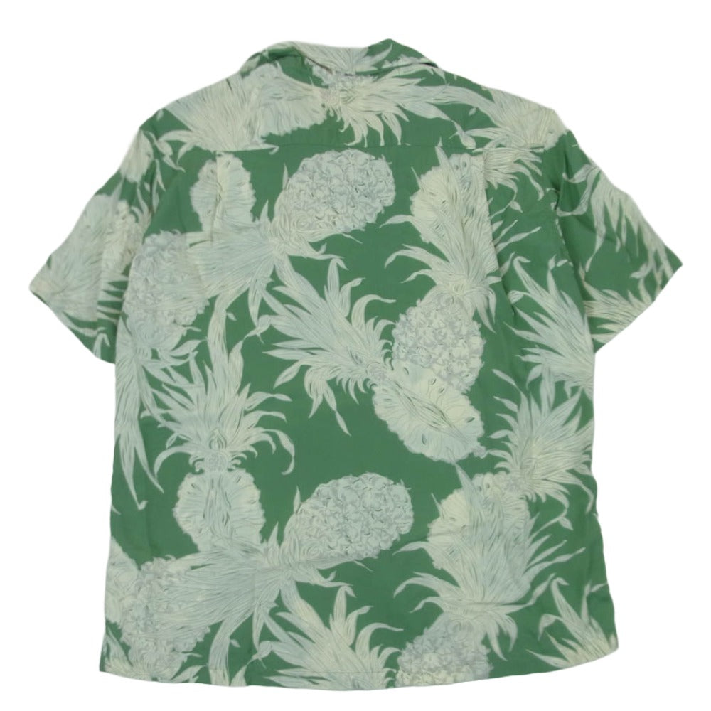 SUN SURF サンサーフ SS37452 ISLAND PINEAPPLE パイナップル ボーダー レーヨン 開襟 半袖 アロハ シャツ グリーン系 オフホワイト系 M 15 - 15.5【中古】