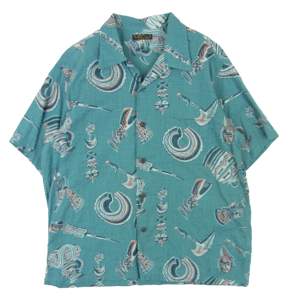 SUN SURF サンサーフ SS38410 COTTON LINEN SLUBYARN OPEN SHIRTS NATIVE MASKS ネイティブ マスク 総柄 抜染プリント コットン リネン 半袖 アロハ シャツ ライトブルー系 XL 17 - 17.5【中古】