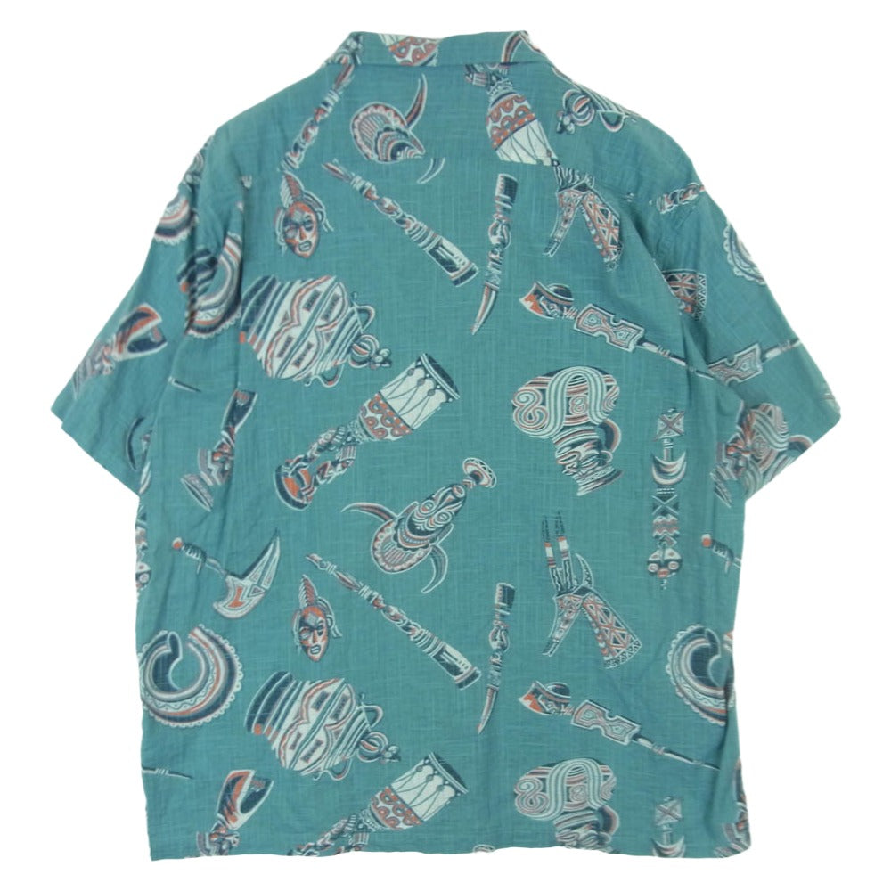 SUN SURF サンサーフ SS38410 COTTON LINEN SLUBYARN OPEN SHIRTS NATIVE MASKS ネイティブ マスク 総柄 抜染プリント コットン リネン 半袖 アロハ シャツ ライトブルー系 XL 17 - 17.5【中古】