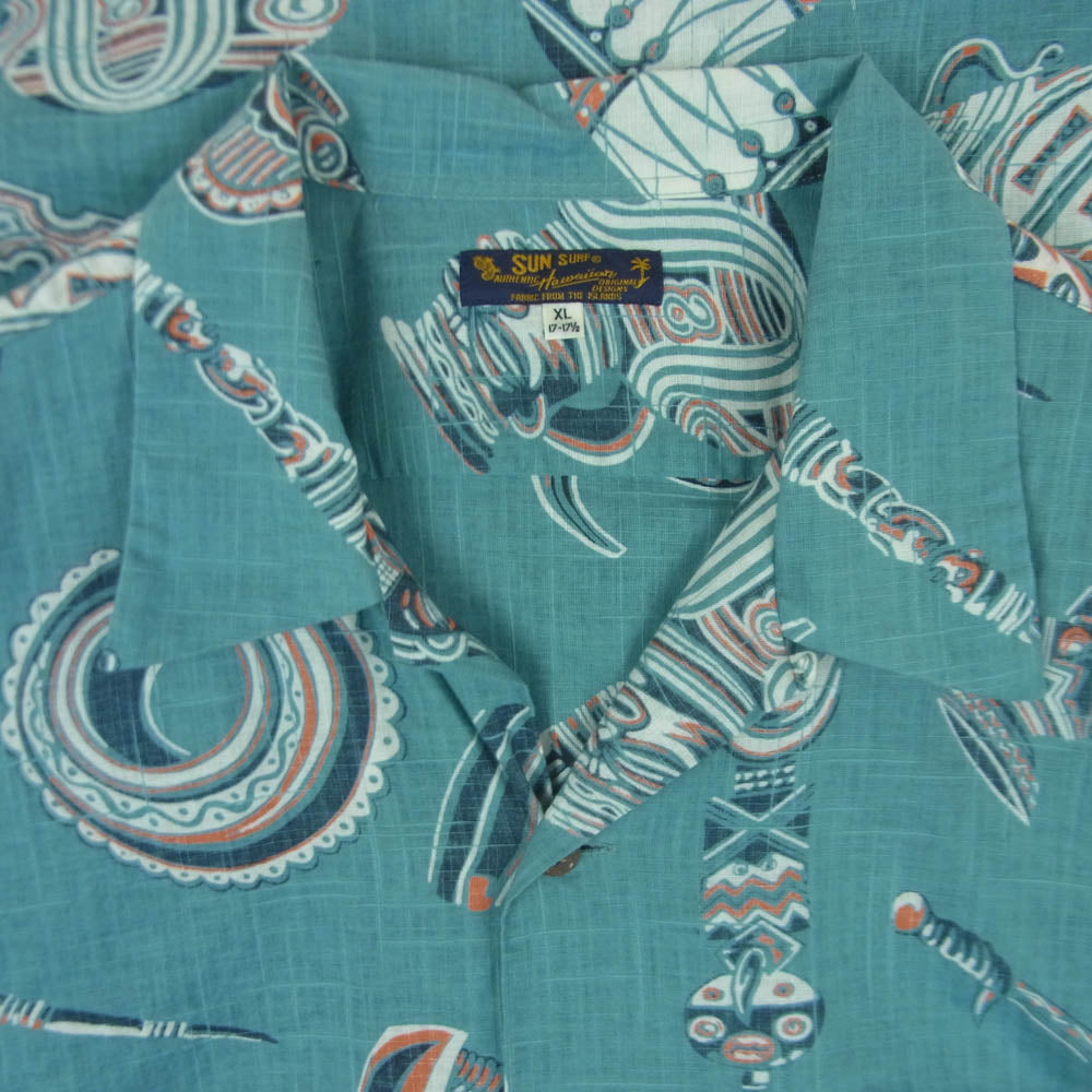 SUN SURF サンサーフ SS38410 COTTON LINEN SLUBYARN OPEN SHIRTS NATIVE MASKS ネイティブ マスク 総柄 抜染プリント コットン リネン 半袖 アロハ シャツ ライトブルー系 XL 17 - 17.5【中古】