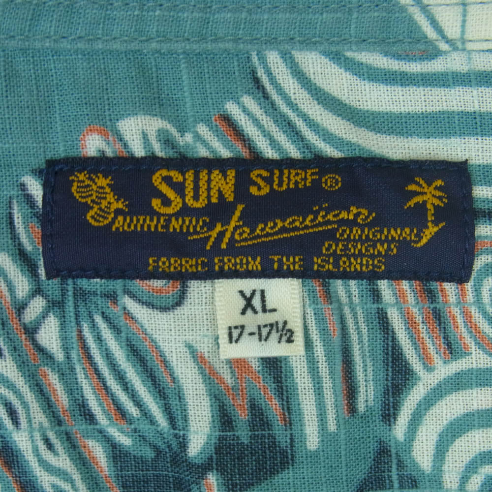 SUN SURF サンサーフ SS38410 COTTON LINEN SLUBYARN OPEN SHIRTS NATIVE MASKS ネイティブ マスク 総柄 抜染プリント コットン リネン 半袖 アロハ シャツ ライトブルー系 XL 17 - 17.5【中古】