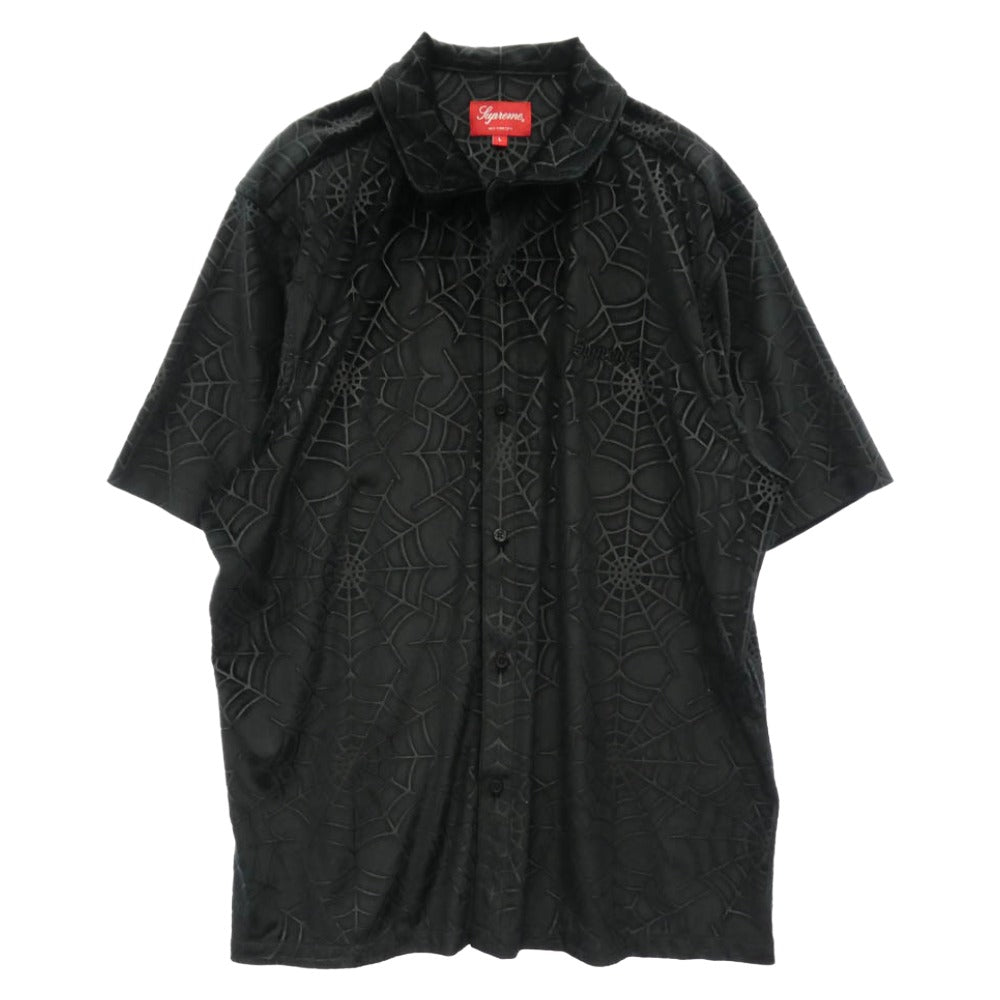 Supreme シュプリーム 21AW Spider Web Velvet S/S Shirt スパイダー ウェブ ベルベット ロゴ 半袖 シャツ ブラック系 L【極上美品】【中古】
