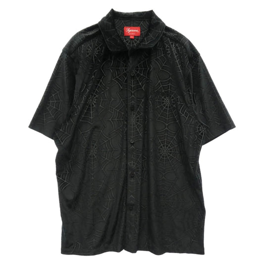 Supreme シュプリーム 21AW Spider Web Velvet S/S Shirt スパイダー ウェブ ベルベット ロゴ 半袖 シャツ ブラック系 L【極上美品】【中古】