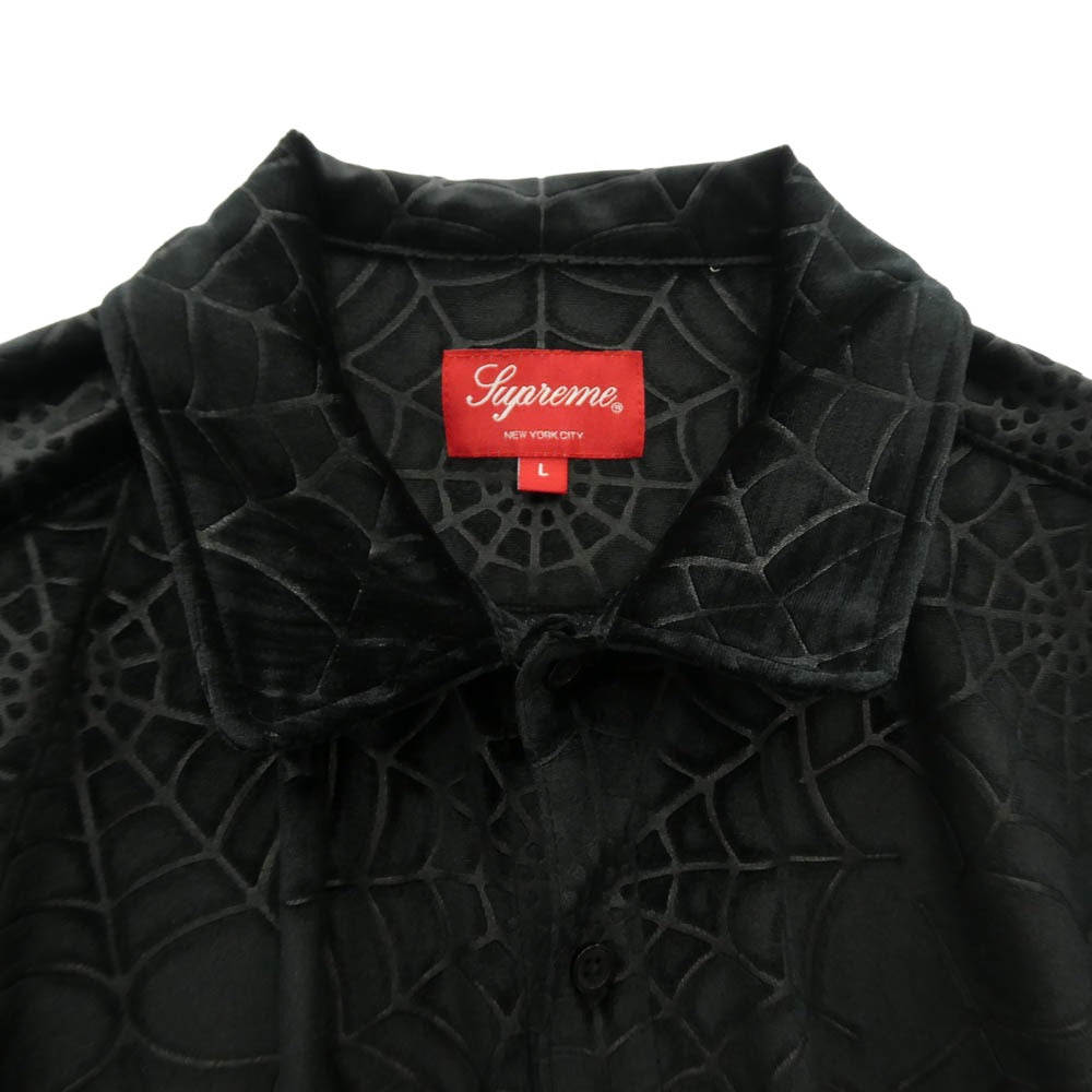 Supreme シュプリーム 21AW Spider Web Velvet S/S Shirt スパイダー ウェブ ベルベット ロゴ 半袖 シャツ ブラック系 L【極上美品】【中古】