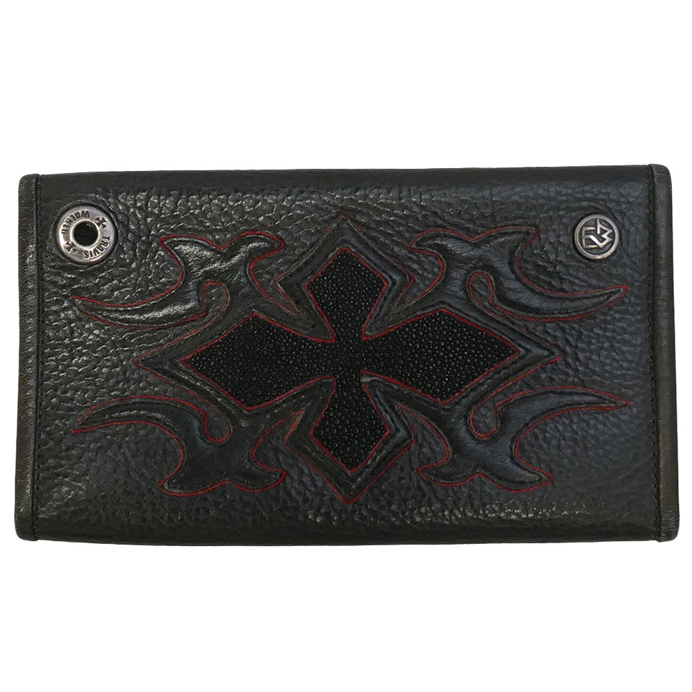 TRAVIS WALKER トラヴィスワーカー ギャランティーカード LARGE 3-FOLD TRIBAL CROSS WALLET ラージ3フォールド スティングレーレザー トライバル クロス 牛革 カウハイド ロング ウォレット 財布 ブラック系【美品】【中古】