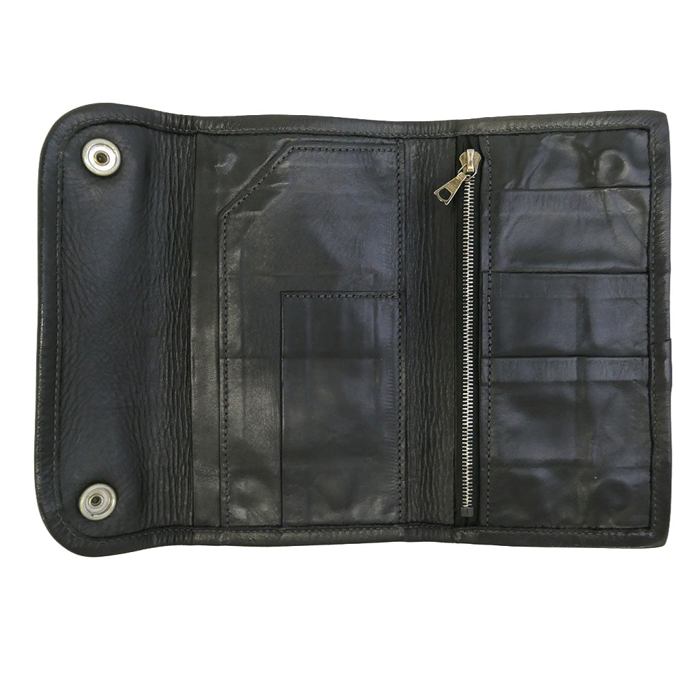 TRAVIS WALKER トラヴィスワーカー ギャランティーカード LARGE 3-FOLD TRIBAL CROSS WALLET ラージ3フォールド スティングレーレザー トライバル クロス 牛革 カウハイド ロング ウォレット 財布 ブラック系【美品】【中古】