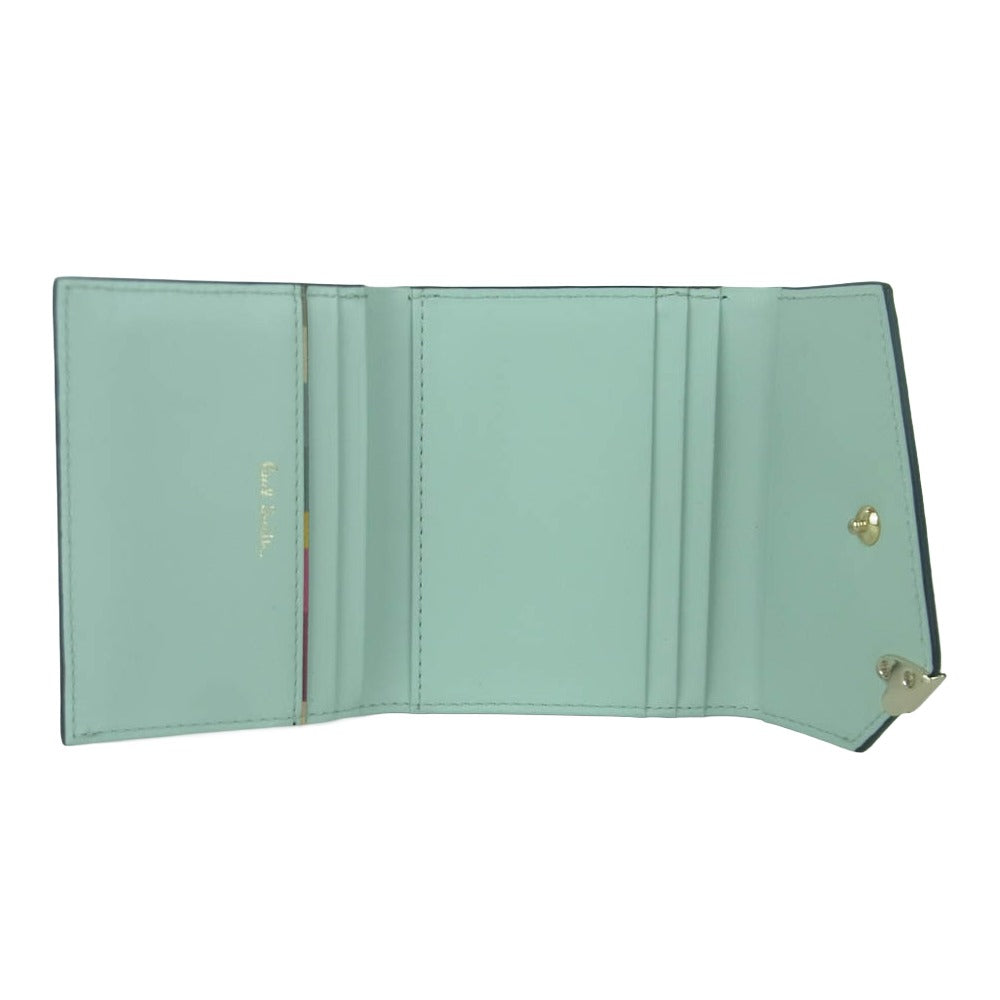Paul Smith ポール・スミス ラブレター がま口 3つ折り コンパクト レザー ウォレット 財布 ブラック系 ライトブルー系【中古】