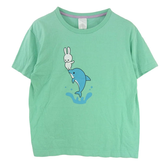 キューン うさぎとイルカ プリント クルーネック 半袖 Tシャツ ライトグリーン系 M【中古】