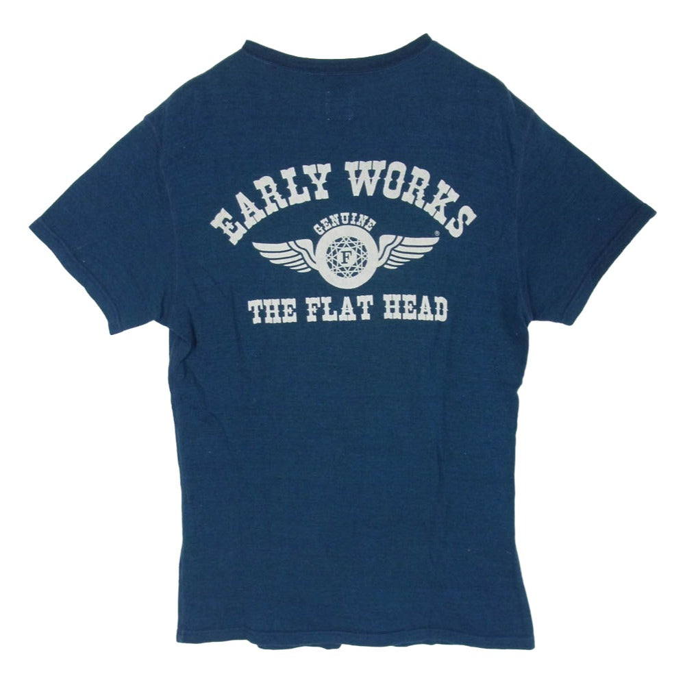THE FLAT HEAD ザフラットヘッド 染み込みロゴプリント ヘンリーネック カットソー グリーン系 L【中古】
