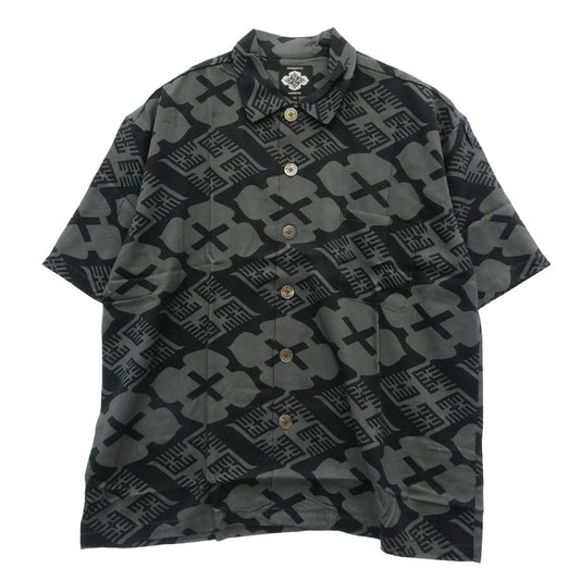 バッズプール × GAKKIN ガッキン 花罰 総柄 × 麻 PATTERN S/S Shirt シャツ 半袖 ブラック系 グレー系 M【極上美品】【中古】