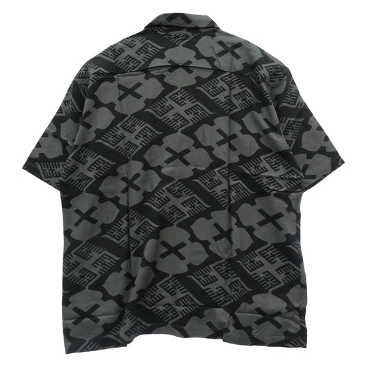 バッズプール × GAKKIN ガッキン 花罰 総柄 × 麻 PATTERN S/S Shirt シャツ 半袖 ブラック系 グレー系 M【極上美品】【中古】