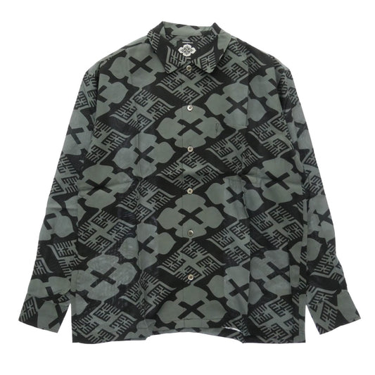 バッズプール × GAKKIN ガッキン 花罰 総柄 × 麻 PATTERN S/L Shirt シャツ 長袖 ブラック系 グレー系 M【新古品】【未使用】【中古】