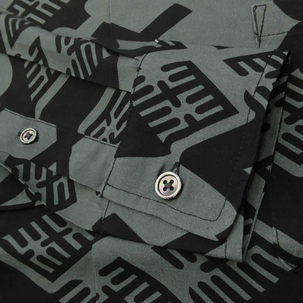 バッズプール × GAKKIN ガッキン 花罰 総柄 × 麻 PATTERN S/L Shirt シャツ 長袖 ブラック系 グレー系 M【新古品】【未使用】【中古】