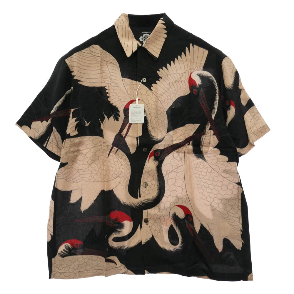 バッズプール 24SS × GAKKIN ガッキン 赤目鶴 総柄 HAWAIIAN SHIRT アロハ シャツ 半袖 ブラック系 ベージュ系 M【新古品】【未使用】【中古】