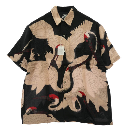 バッズプール 24SS × GAKKIN ガッキン 赤目鶴 総柄 HAWAIIAN SHIRT アロハ シャツ 半袖 ブラック系 ベージュ系 M【新古品】【未使用】【中古】