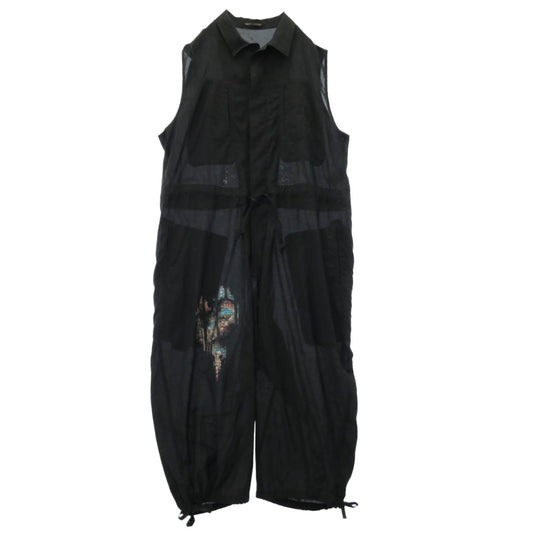 Yohji Yamamoto POUR HOMME ヨウジヤマモトプールオム 26SS HP-I06-860 CU/C LAWN MESSAGE PRINTED OVERALLS ステンドグラス メッセージプリント ノースリーブ オーバーオール オールインワン ブラック系 1【中古】