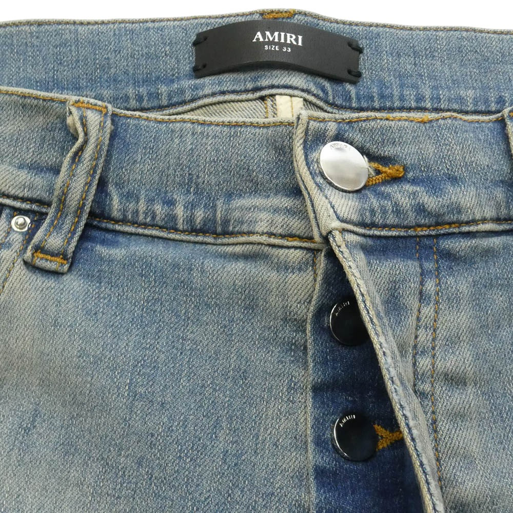 AMIRI アミリ 26SS AMDNSY1114 Staggered Logo Skinny Jean レザーロゴパッチ ダメージ加工 スキニー デニムパンツ ライトブルー系 UK 33【中古】